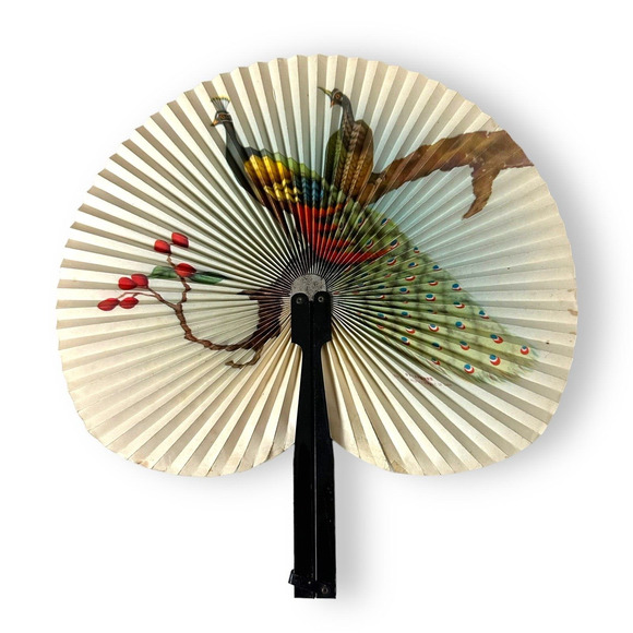 Vintage Asian Hand Fan 10 Inch Republic Of China Foldable Birds Peacocks - Picture 4 of 16